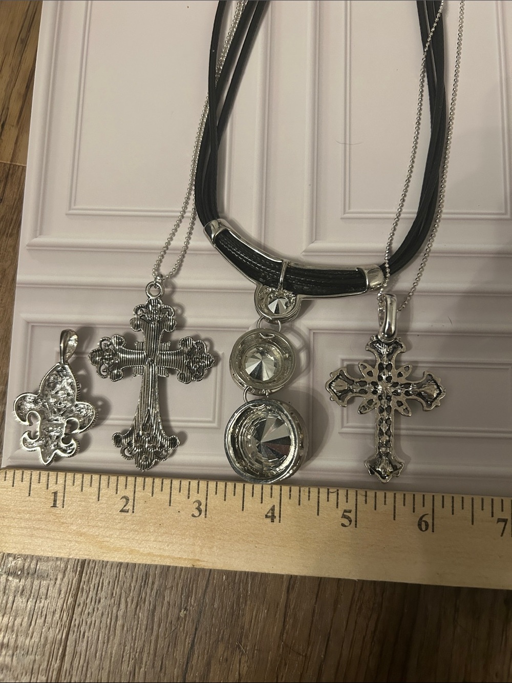 Silver-tone Crystal Cross & Fleur Pendant Necklace Set - Clear Rhinestones - Picture 5 of 6